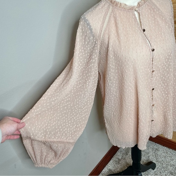 Keepsake Blush Pink Sheer Swiss Dot Peasant Open Front Button Up Blouse Small 4 - Picture 6 of 11